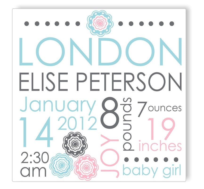 Blue Blooms Canvas Birth Announcement