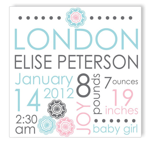 Blue Blooms Canvas Birth Announcement