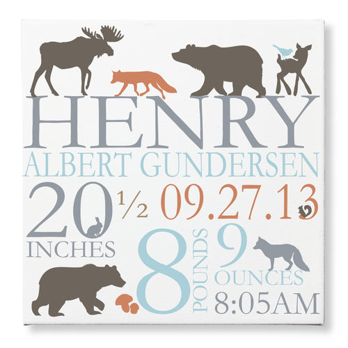 Woodland Forest Blue Orange Canvas Birth Announcement