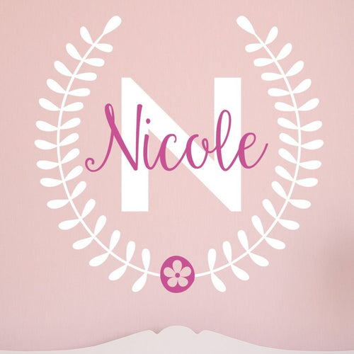 Pretty Flower Laurel Leaf Personalized Name Kids Wall Decal