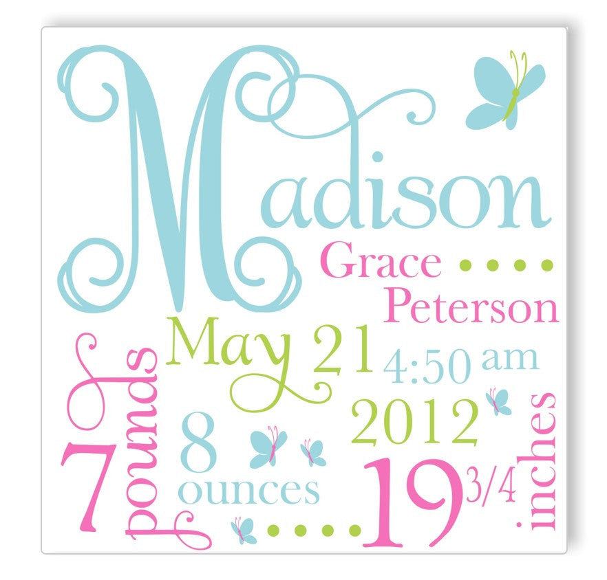 Blue Butterfly Canvas Birth Announcement