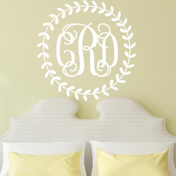 Rustic Wreath Interlock Monogram Personalized Wall Decal