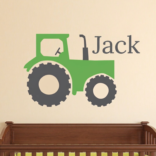 Green tractor wall decal with Jack in clean Lora-style gray lettering