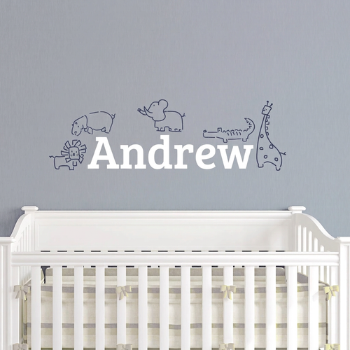 Jungle animal wall decal with Andrew in white Bree Serif-style lettering