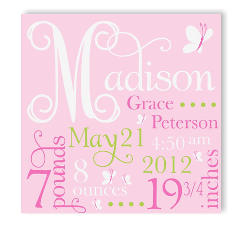 Pink Butterfly Canvas Birth Announcement