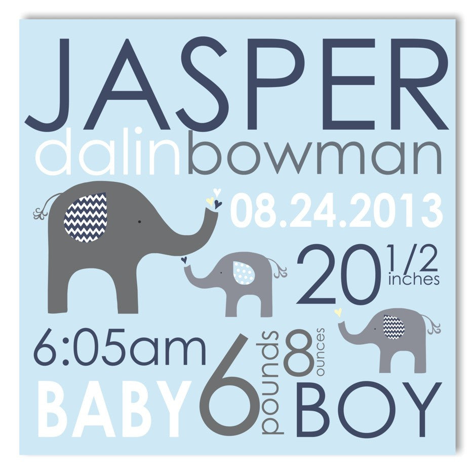 Blue Elephant Canvas Birth Announcement