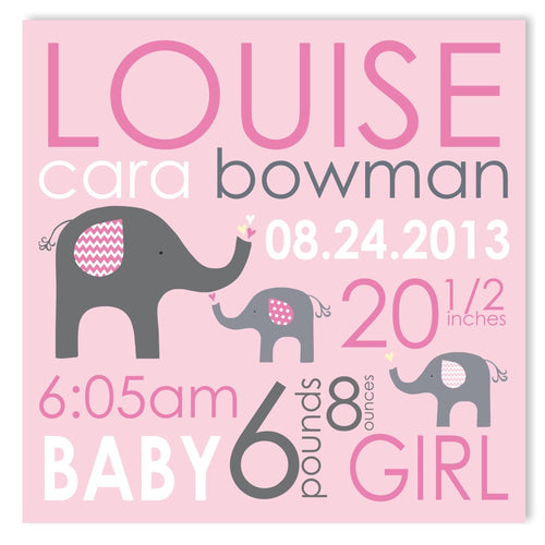 Pink Elephant Canvas Birth Announcement