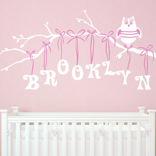 Girl Owl on Branch Personalized Kids Wall Decal