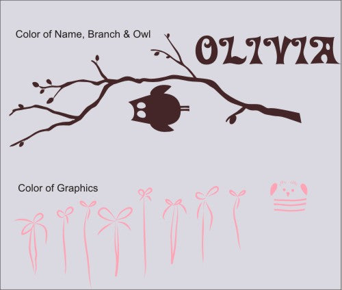 Girl Owl on Branch Personalized Kids Wall Decal