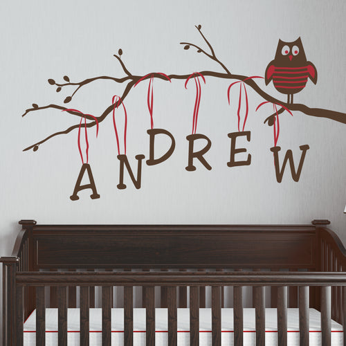 Boy Owl on Branch Personalized Kids Wall Decal