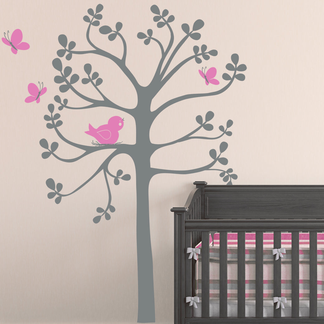 Large Spring Tree Bird and Butterflies Wall Decal