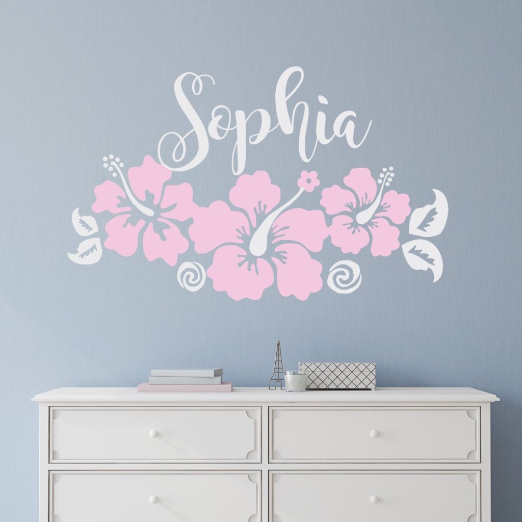 Moana Inspired Three Hibiscus Flowers with Name Kids Wall