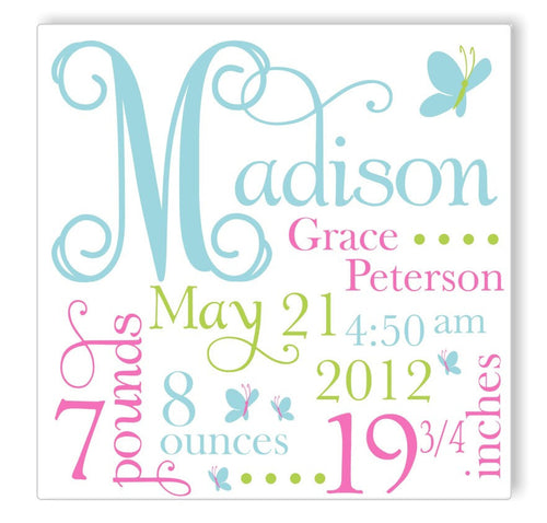 Blue Butterfly Canvas Birth Announcement